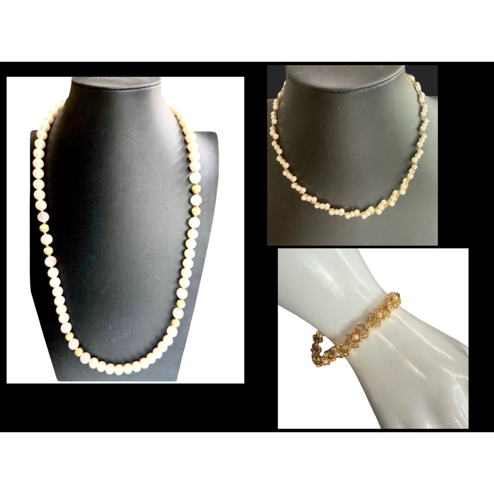 Vintage Napier 3 Pc Faux Pearl Jewelry Lot 2 Necklaces Bracelet Signed